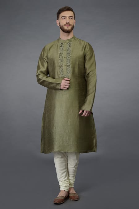 Buy_Talking Threads_Green Pure Raw Silk Floral Kurta_Online_at_Aza_Fashions