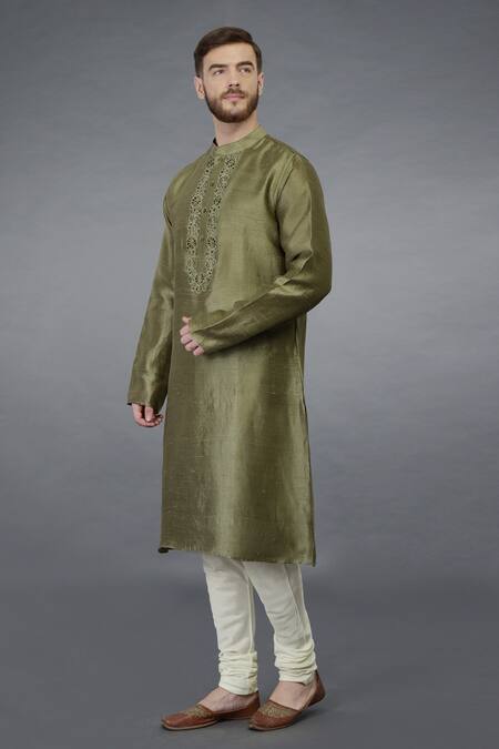 Shop_Talking Threads_Green Pure Raw Silk Floral Kurta_Online_at_Aza_Fashions