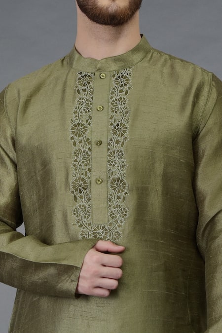 Talking Threads_Green Pure Raw Silk Floral Kurta_at_Aza_Fashions