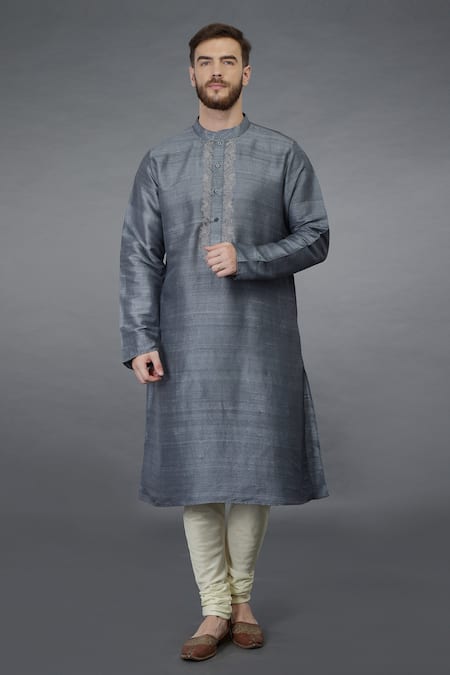 Talking Threads Grey Pure Raw Silk Embroidered Floral Kurta  