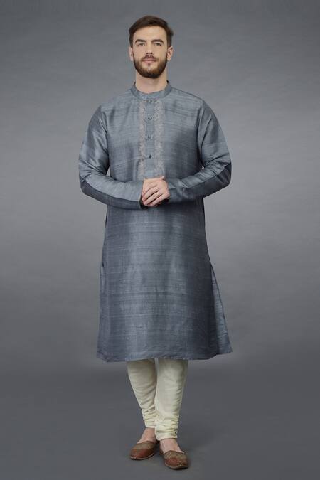 Buy Talking Threads Grey Pure Raw Silk Floral Kurta Online at Aza Fashions Buy_Talking Threads_Grey Pure Raw Silk Floral Kurta_Online_at_Aza_Fashions
