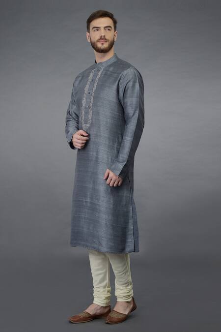 Shop Talking Threads Grey Pure Raw Silk Floral Kurta Online at Aza Fashions Shop_Talking Threads_Grey Pure Raw Silk Floral Kurta_Online_at_Aza_Fashions