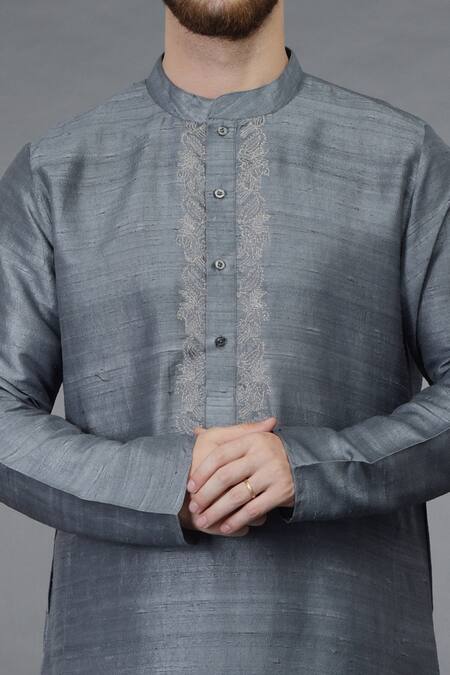 Talking Threads Grey Pure Raw Silk Floral Kurta at Aza Fashions Talking Threads_Grey Pure Raw Silk Floral Kurta_at_Aza_Fashions