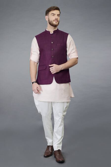 Talking Threads Purple Waistcoat And Linen Cotton Kurta Set 