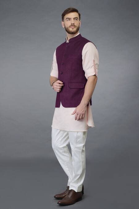 Buy_Talking Threads_Purple Waistcoat And Linen Cotton Kurta Set_Online_at_Aza_Fashions