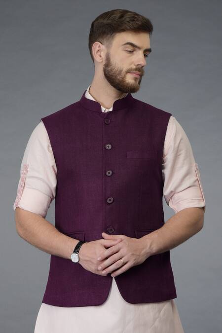 Shop_Talking Threads_Purple Waistcoat And Linen Cotton Kurta Set_Online_at_Aza_Fashions