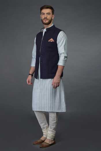 Buy_Talking Threads_Blue Waistcoat And Embroidered Kurta Set_Online_at_Aza_Fashions