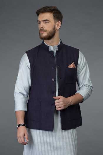 Shop_Talking Threads_Blue Waistcoat And Embroidered Kurta Set_Online_at_Aza_Fashions