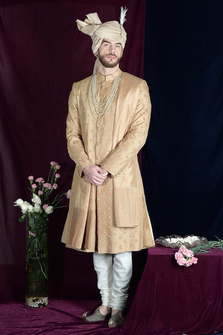 Talking Threads Gold Pure Silk Embroidered Zardozi-crystal Sherwani Set  