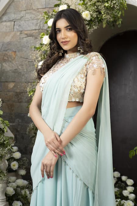 Buy Tamaraa By Tahani Green Georgette Sequin, Bead And Cutdana High Pre-draped Saree With Blouse Online at Aza Fashions Buy_Tamaraa By Tahani_Green Georgette Sequin, Bead And Cutdana High Pre-draped Saree With Blouse _Online_at_Aza_Fashions