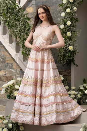 Tamaraa By Tahani_Pink Silk Taffeta Mirror, Sequin, Bead And Cutdana Round Embroidered Anarkali_Online_at_Aza_Fashions