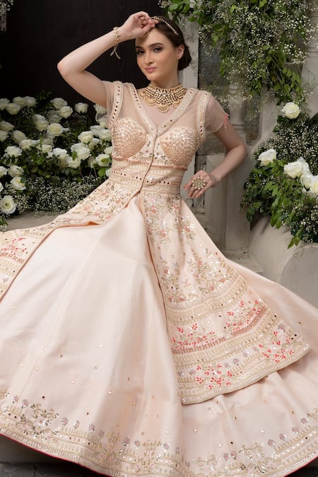 Buy_Tamaraa By Tahani_Peach Silk Mirror, Sequin, Bead And Cutdana V Neck Jacket Anarkali & Lehenga Set_Online_at_Aza_Fashions
