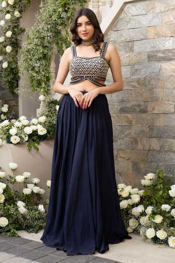Tamaraa By Tahani_Blue Mul Silk And Net Mirror & Cutdana, Sequin Embroidered Jacket Lehenga Set_Online_at_Aza_Fashions