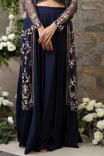 Buy_Tamaraa By Tahani_Blue Mul Silk And Net Mirror & Cutdana, Sequin Embroidered Jacket Lehenga Set_Online_at_Aza_Fashions