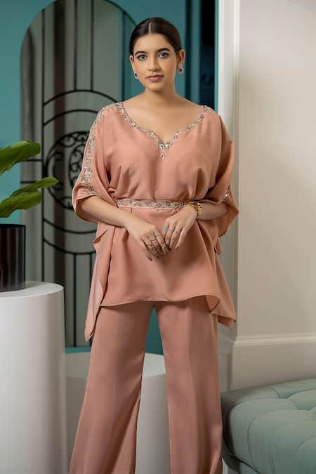 Tamaraa By Tahani_Pink Milano Satin Floral Motifs V Neck Siria Kaftan And Flared Pant Set_Online_at_Aza_Fashions
