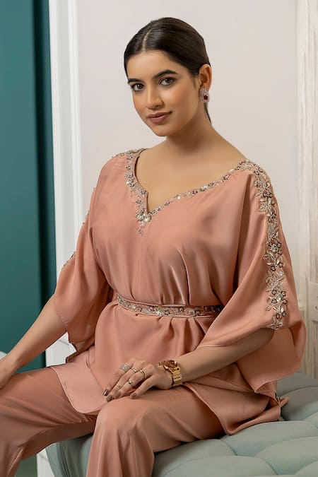 Tamaraa By Tahani_Pink Milano Satin Floral Motifs V Neck Siria Kaftan And Flared Pant Set_at_Aza_Fashions