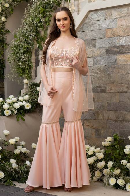 Tamaraa By Tahani_Pink Crepe And Net Sequin & Thread Sweetheart Embroidered Cape & Sharara Pant Set_Online_at_Aza_Fashions