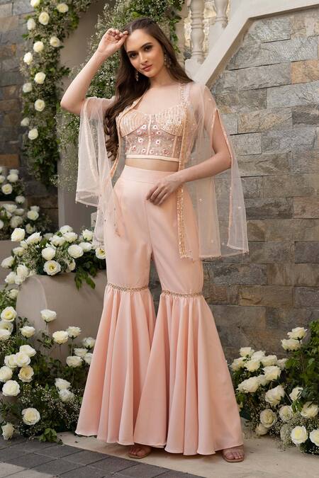 Buy_Tamaraa By Tahani_Pink Crepe And Net Sequin & Thread Sweetheart Embroidered Cape & Sharara Pant Set_Online_at_Aza_Fashions