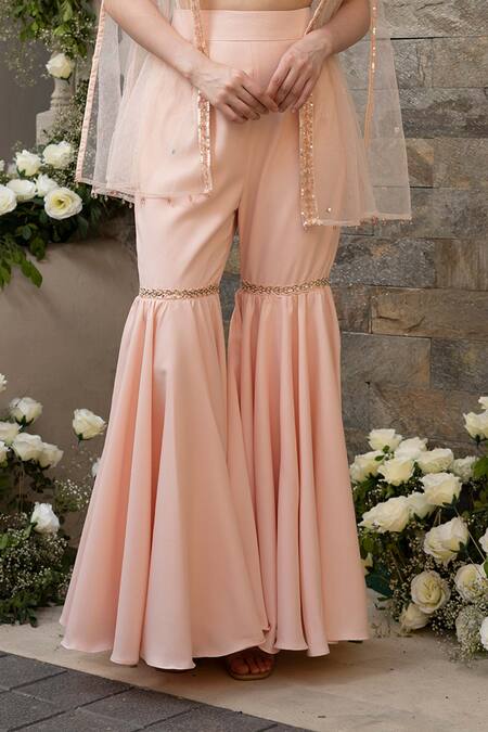 Shop_Tamaraa By Tahani_Pink Crepe And Net Sequin & Thread Sweetheart Embroidered Cape & Sharara Pant Set_Online_at_Aza_Fashions