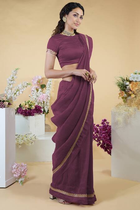 Talking Threads Purple Petticoat- Satin, Saree And Blouse- Linen Silk Zardozi Round & Set Online at Aza Fashions Talking Threads_Purple Petticoat- Satin, Saree And Blouse- Linen Silk Zardozi Round & Set _Online_at_Aza_Fashions