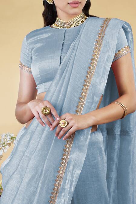 Talking Threads Blue Petticoat- Satin, Saree And Blouse- Linen Silk Zardozi Round & Set at Aza Fashions Talking Threads_Blue Petticoat- Satin, Saree And Blouse- Linen Silk Zardozi Round & Set _at_Aza_Fashions