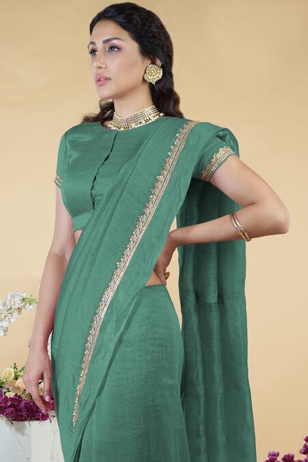 Shop Talking Threads Green Petticoat- Satin, Saree And Blouse- Linen Silk Zardozi Round & Set Online at Aza Fashions Shop_Talking Threads_Green Petticoat- Satin, Saree And Blouse- Linen Silk Zardozi Round & Set _Online_at_Aza_Fashions