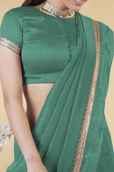 Talking Threads Green Petticoat- Satin, Saree And Blouse- Linen Silk Zardozi Round & Set at Aza Fashions Talking Threads_Green Petticoat- Satin, Saree And Blouse- Linen Silk Zardozi Round & Set _at_Aza_Fashions