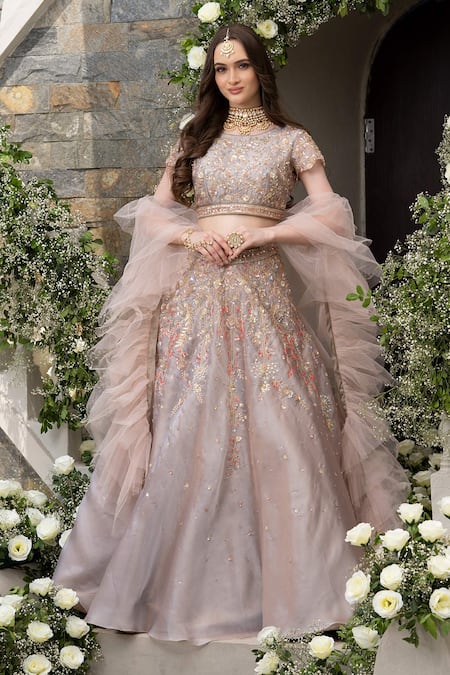 Tamaraa By Tahani Brown Silk Taffeta And Organza Embroidery Sequin & Thread Round Lehenga Set 