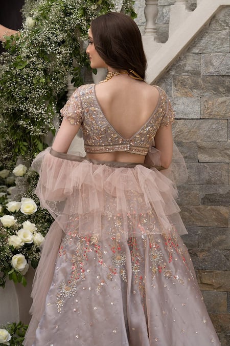 Shop Tamaraa By Tahani Brown Silk Taffeta And Organza Sequin & Thread Round Embroidered Lehenga Set at Aza Fashions Shop_Tamaraa By Tahani_Brown Silk Taffeta And Organza Sequin & Thread Round Embroidered Lehenga Set _at_Aza_Fashions