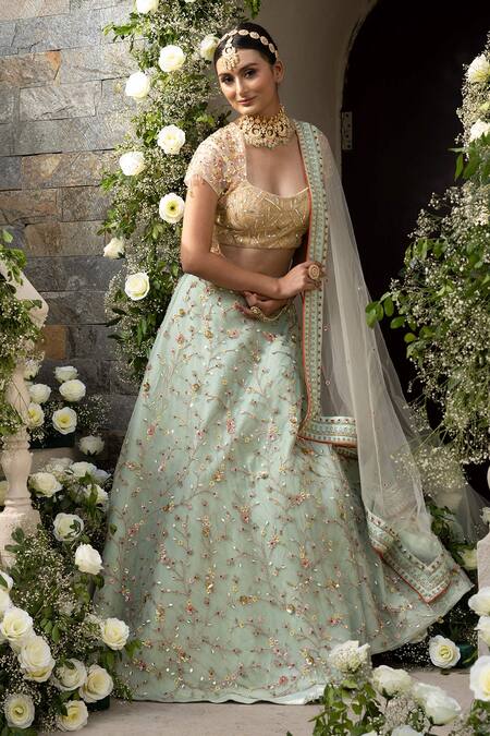 Buy Women Green Net Wedding Lehenga Choli with Dupatta -.