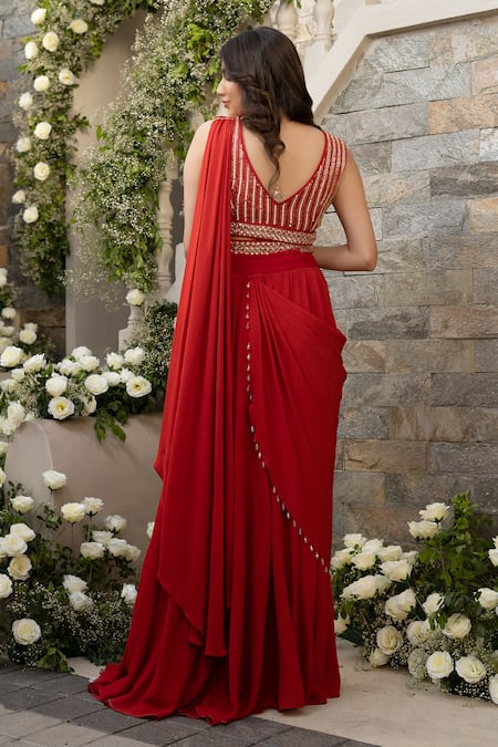 Shop Tamaraa By Tahani Red Georgette Sequin, Bead And Cutdana Round Pre-draped Lehenga Saree With Blouse at Aza Fashions Shop_Tamaraa By Tahani_Red Georgette Sequin, Bead And Cutdana Round Pre-draped Lehenga Saree With Blouse _at_Aza_Fashions