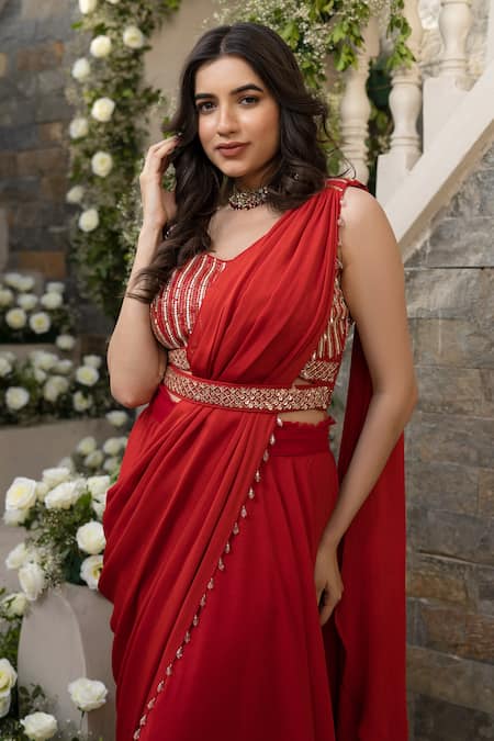 Buy Tamaraa By Tahani Red Georgette Sequin, Bead And Cutdana Round Pre-draped Lehenga Saree With Blouse Online at Aza Fashions Buy_Tamaraa By Tahani_Red Georgette Sequin, Bead And Cutdana Round Pre-draped Lehenga Saree With Blouse _Online_at_Aza_Fashions