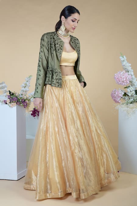 Gold ivory sequin jacket and lehenga set | Stylish dresses for girls,  Lehenga, Gold lehenga