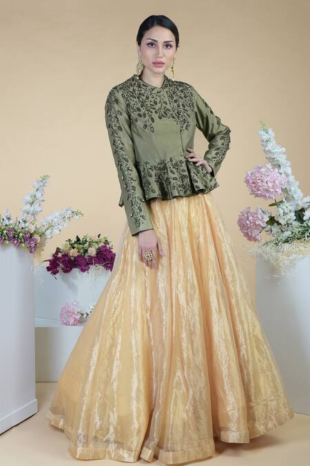 Buy_Talking Threads_Gold Jacket 100% Dupion Silk Blouse And Lehenga Tissue Embroidered & Set_Online_at_Aza_Fashions