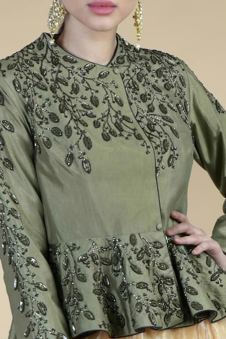 Talking Threads_Gold Jacket 100% Dupion Silk Blouse And Lehenga Tissue Embroidered & Set_at_Aza_Fashions