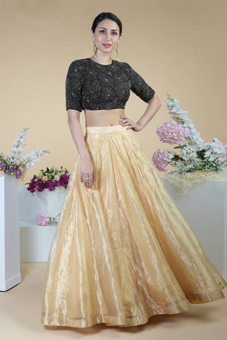 Buy_Talking Threads_Black Blouse Silk Chiffon Lehenga Tissue Dupatta Tulle Net Jewel Kali Set_Online_at_Aza_Fashions