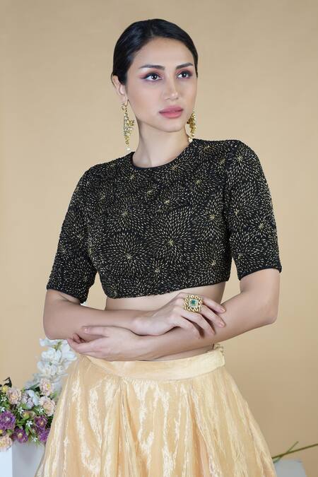 Shop_Talking Threads_Black Blouse Silk Chiffon Lehenga Tissue Dupatta Tulle Net Jewel Kali Set_Online_at_Aza_Fashions