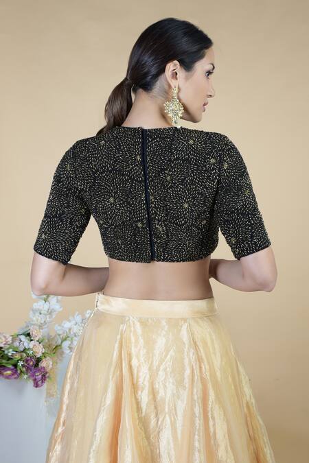 Talking Threads_Black Blouse Silk Chiffon Lehenga Tissue Dupatta Tulle Net Jewel Kali Set_at_Aza_Fashions