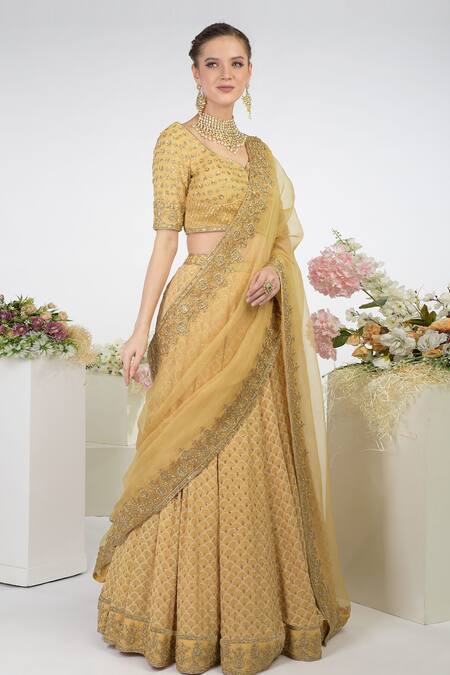 Talking Threads_Gold Blouse And Lehenga Georgette Dupatta Silk Organza Embroidered Set_Online_at_Aza_Fashions