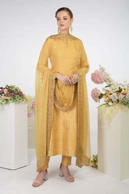 Talking Threads Gold Silk Organza Zardozi Embroidered Dupatta  