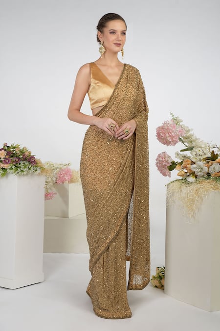 Talking Threads_Gold Saree Chiffon Blouse Pure Satin V Sequin Embroidered With_Online_at_Aza_Fashions