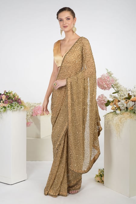 Buy_Talking Threads_Gold Saree Chiffon Blouse Pure Satin V Sequin Embroidered With_Online_at_Aza_Fashions