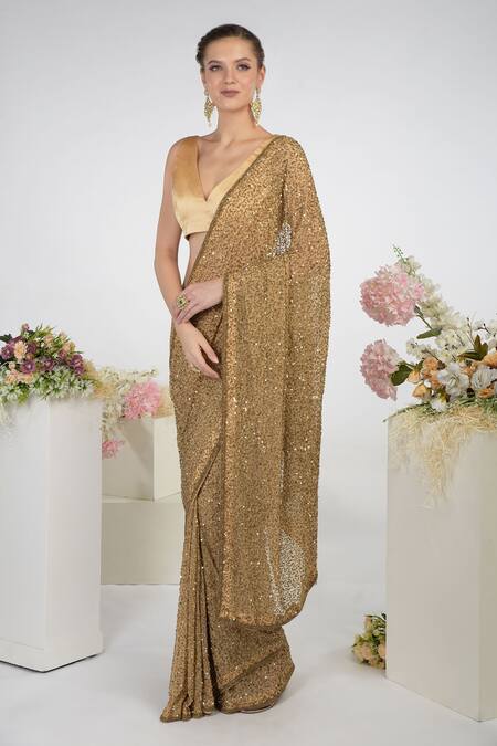 Shop_Talking Threads_Gold Saree Chiffon Blouse Pure Satin V Sequin Embroidered With_Online_at_Aza_Fashions