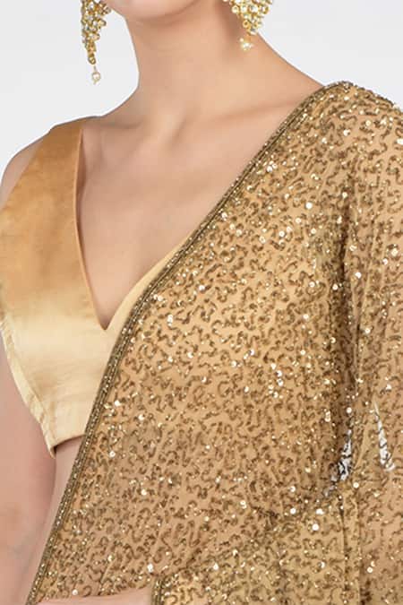 Talking Threads_Gold Saree Chiffon Blouse Pure Satin V Sequin Embroidered With_at_Aza_Fashions