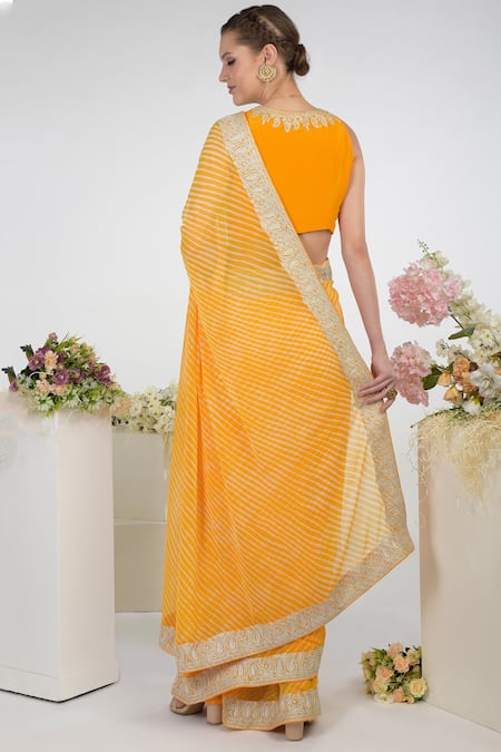 Shop Talking Threads Yellow Chiffon Kashmiri Paisley Tilla Aari Leheriya Saree at Aza Fashions Shop_Talking Threads_Yellow Chiffon Kashmiri Paisley Tilla Aari Leheriya Saree _at_Aza_Fashions