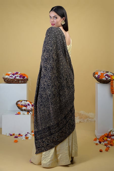 Shop Talking Threads Black Pure Georgette Chikankari Embroidered Dupatta at Aza Fashions Shop_Talking Threads_Black Pure Georgette Chikankari Embroidered Dupatta _at_Aza_Fashions