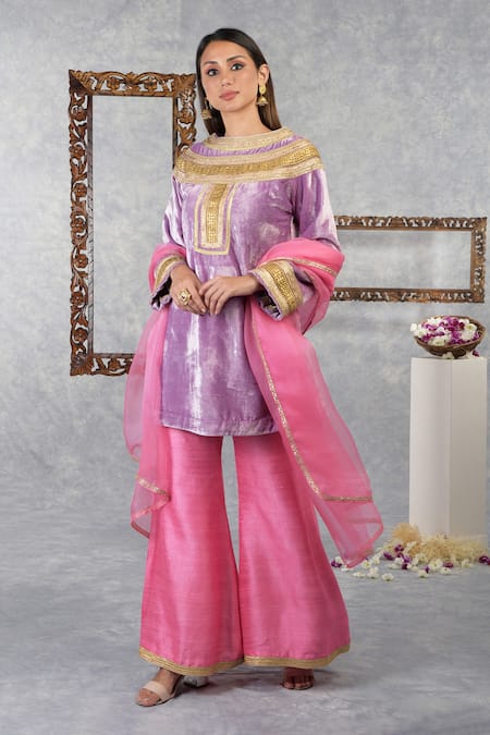 Talking Threads Purple Kurta Velvet Palazzo  Raw And Dupatta Organza Set  