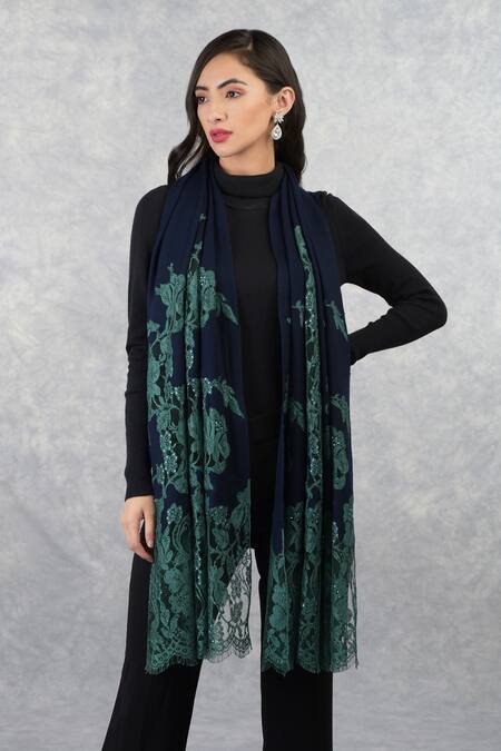 Talking Threads_Blue Pashmina Embellished Stole _Online_at_Aza_Fashions