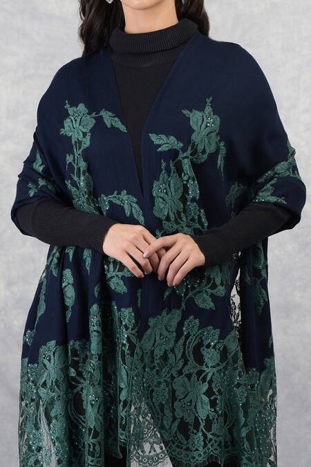 Talking Threads_Blue Pashmina Embellished Stole _at_Aza_Fashions