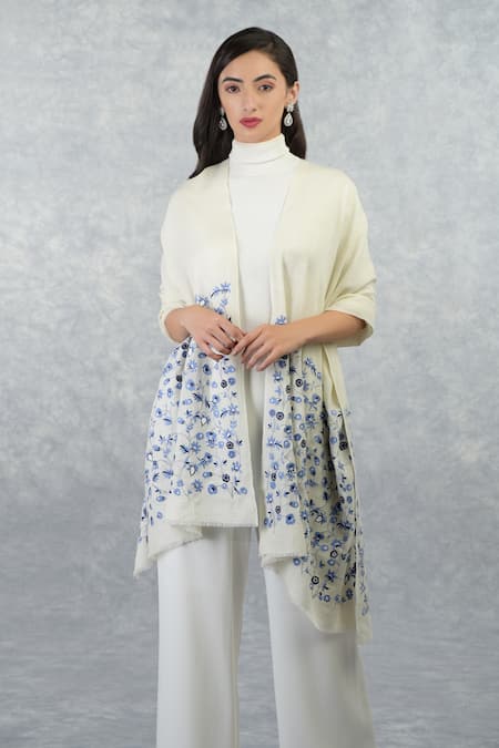 Talking Threads_White Pashmina Floral Embroidered Stole_Online_at_Aza_Fashions